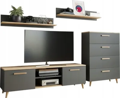Produktbild von MATKAM Wohnzimmermöbel-Set FIORD, 4-teilig, 1 x TV-Kommode , 1 x Wohnzimmerkommode, 2 x Hängeregale, (Anthrazit-Artisan Eiche)