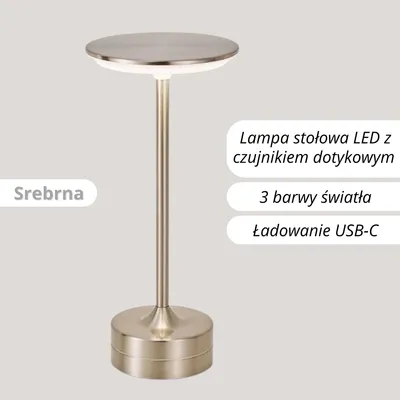Zdjęcie produktu dla Lampa stołowa LED z czujnikiem dotykowym – 3 kolory światła, ściemniana – USB ładowana & bezprzewodowa – Nowoczesna lampka nocna – Srebrna