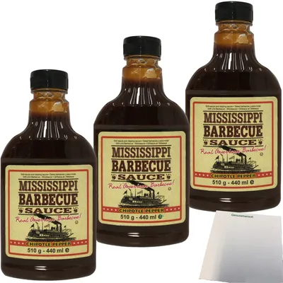 Produktbild von Mississippi Barbecue Sauce Chipotle Pepper Grill-Sauce 3er Pack (3x510g Flasche) + usy Block