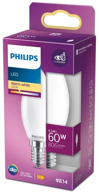 Produktbild von Philips LED-Kerzenleuchtmittel – 6,5 W (entspricht 60 W) – Fassung E14 – 806 Lumen – Warmweiß, 2700 K – 3,5 x 9,7 cm