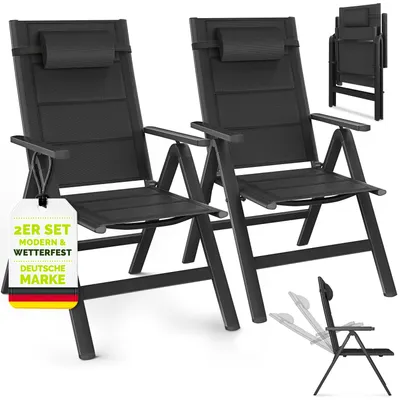 Produktbild von tillvex Gartenstuhl mit Polster Premium 2 Stück Schwarz klappbar aus Aluminium | Hochlehner mit Armlehnen | Klappstuhl verstellbar | Klappsessel Balkon Garten Terrasse