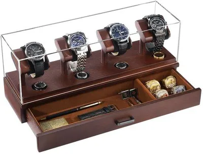 Produktbild von Holz-Uhr-Box, 4-Fach-Uhr-Display mit abnehmbarem Acryl-Deckel, 2-Lagen-Holz-Uhr-Ständer mit Ladegerät, Uhr-Box für Herren
