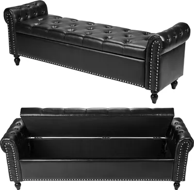 Obrázok produktu pre SucceBuy otomanská lavica (46 x 166 x 56 cm) zPolyuretánkože s drevenými nohami, úložným priestorom, prešívaním gombíkmi a valcovanými podrúčkami, lavica na topánky s nosnosťou 300 kg, lavica do spálne alebo obývačky v čiernej farbe