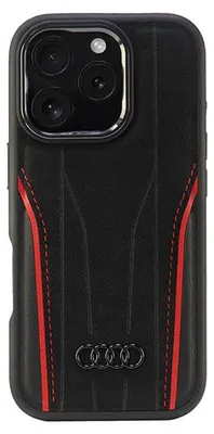 A black iPhone case with red accents and the Audi logo.