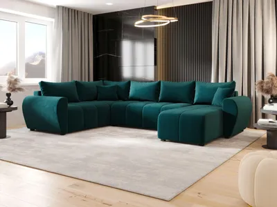 A modern living room with a large sectional sofa.