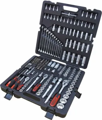 A tool kit laid out in its case.