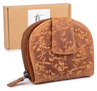 Produktbild von Ekavale Damen Geldbörse Portemonnaie Echt Leder Vintage Blumenmuster Koniak