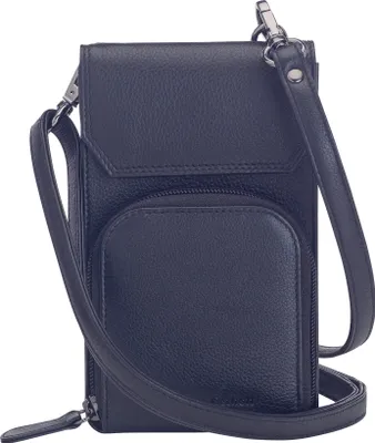 Produktbild von Josephine Osthoff Handy Umhängetasche mit Vortasche für Kopfhörer, handgemacht aus 100% Echtleder, Crossbody Schultergurt, 4 Kartenfächer