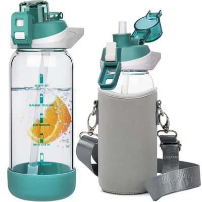 Immagine prodotto di Bottiglia d'acqua in vetro da 600 ml con cannuccia e indicatori di tempo - priva di BPA