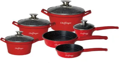 Produktbild von 12-Teilig Kochtopf Set Induktion Kochtöpfe Diamant Topf Induktion Alu Guss Töpfe Deckel Handschuhe Rot