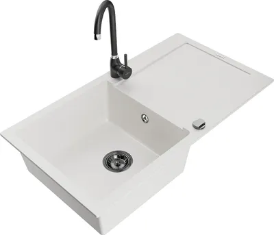 Produktbild von Mexen Leo 1 Becken-Granitspüle mit Abtropffläche und Mischbatterie Telma, Weiß - 6501-20-670200-70