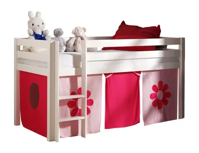 Produktbild von Vipack Spielbett Pino mit Textilset "Pink Flower" - Kiefer massiv weiss lackiert, Maße: 210 cm x 114 cm x 106 cm; PICOHSZG1473