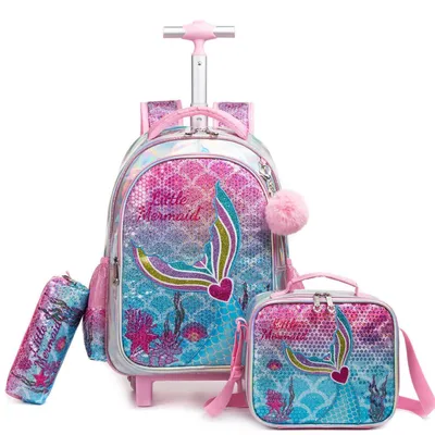 Produktbild von Trolley Rucksack Set 3-teilig mit Federmäppchen und Lunchtasche, Rosa Meerjungfrauen, 42x30x20cm