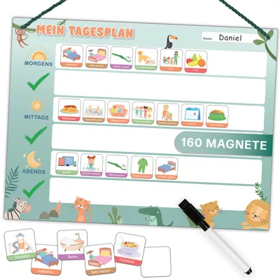 Produktbild von Tagesplaner Kinder - Montessori Magnettafel mit 160 Magnete & Stift - Mit Kordel - Komplett beschreib- und abwischbar