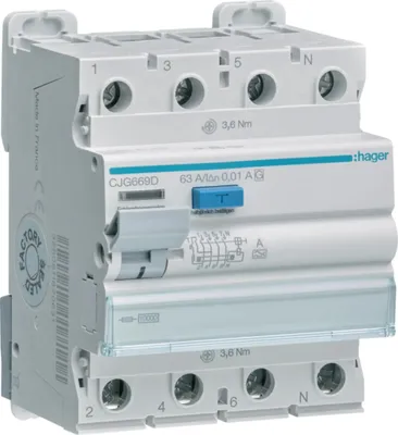 Image de Disjoncteur différentiel Hager, 3P+N, 63 A, 100 mA, A, G, TP, 1 pièce.