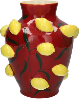 Produktbild von INNA-GLAS Dekovase JULLA aus Dolomit, 3D Zitronen, rot-gelb, 25,7cm, Ø22,5cm - Blumenvase