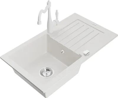 Produktbild von Mexen Pablo 1 Becken-Granitspüle mit Abtropffläche und Mischbatterie Carla, Weiß - 6510-20-670700-20