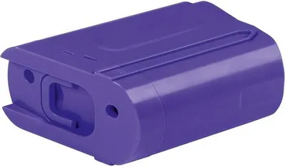 A purple battery pack is shown in a studio shot against a white background.