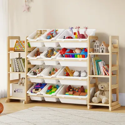Spielzeug-Organizer aus Kiefernholz, 6 Regale + 12 Boxen, 3-in-1