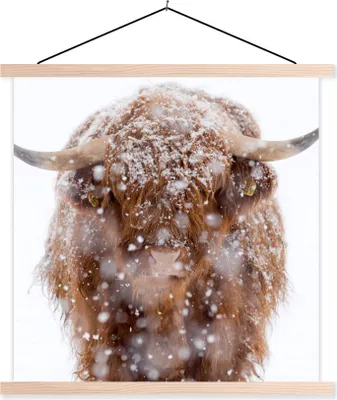 Produktbild von MuchoWow® Textilposter Schottisches Hochlandrind - Schnee - Porträt 120x120 cm mit holzfarbenen Rahmen - Textil-Poster