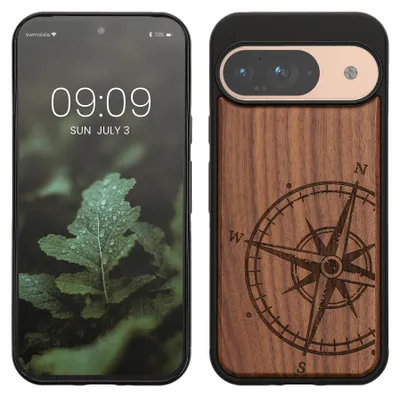 Produktbild von kwmobile Handyhülle für Google Pixel 9 / Pixel 9 Pro Hülle Holz - Case mit TPU Bumper - Stoßfestes Hardcase - Schutzhülle Cover in Dunkelbraun