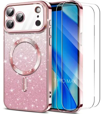 Image de Coque + 2 Verres Trempés pour iPhone 17 Pro Max, avec Cercle Magnétique - Rose Scintillant