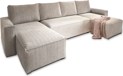 Produktbild von Masseno Ecksofa ASPRA mit Schlaffunktion U-Form, Sofa mit Bettkasten, Wohnzimmersofa, Couch, Soffa, Bettsofa, Couchgarnitur- Creme, POSO 100