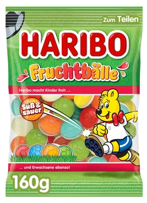Productafbeelding van HARIBO WM Fruchtbälle, zakje met zoete/zure fruitgummie met suikerglazuur, 160g