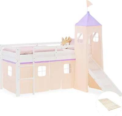 Image de Lit superposé 90x200 cm avec Toboggan Sommier Lit mezzanine en Bois Pin Massif Lit d'enfant Rideau Tour Violet Pêche