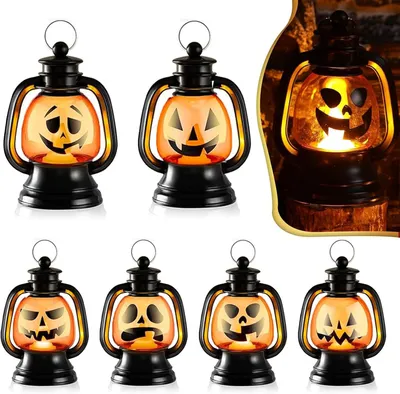 Produktbild von 6 Stück Mini Halloween Deko Laterne LED,Halloween kürbis Laterne,Kleine Laterne Halloween Tischdeko,Halloween Deko Innen,Flammenlose Halloween Deko,Halloween Mini Laterne Outdoor mit LED Kerze