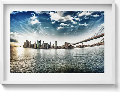 Produktbild von Die Stadt und die Brooklyn Bridge– Wandbild mit Rahmen – Gerahmtes Bild  – Wanddekoration – 70x50 cm –  Weiß Rahmen
