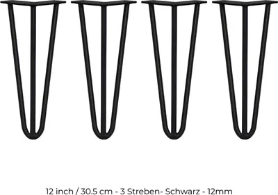 Image de SKISKI Pieds 4 x 3 montants Pieds en épingle à cheveux Pieds de table Pieds de chaise Pieds de meuble Pieds de table en épingle à cheveux 30,5 cm H 12 mm D Acier thermolaqué - Noir