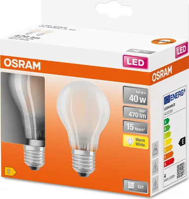 Immagine prodotto di 2 x Osram LED lampadina a filamento A60 forma di lampadina 4W = 40W E27 opaco 470lm FS bianco caldo 2700K