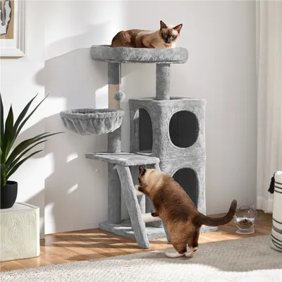 Two cats interacting with a multi-level cat tree in a living room setting.