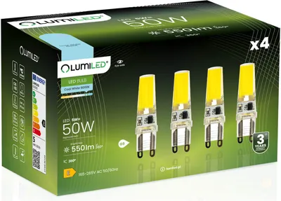 Produktbild von LUMILED LED Lampen G9 4er Set LEDs 5W = 50W 6500K Kaltweiß 550lm 360° Lichtwinkel 230V  kleine Birne kein Flackern COB LED Lampe