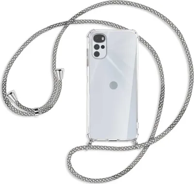 Produktbild von Handykette Backcover-Schutzhülle mit Band (Metall silberfarben) für Motorola Moto G22 4G - weiß/grau kariert