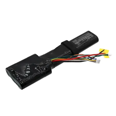 A black battery pack with multiple colored wires extending from it, set against a white background.