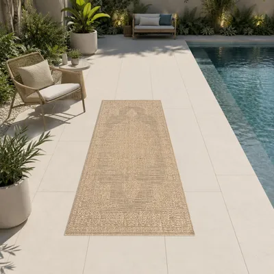 Obrázek produktu pro Moderní béžový koberec s vintage strukturou, vhodný pro použití v interiéru i exteriéru, rozměry: 60 x 90 cm