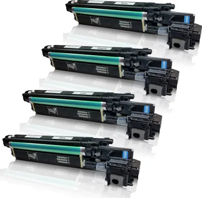 A stack of four toner cartridges.