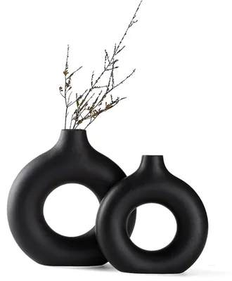 Produktbild von Set aus 2 schwarzen keramischen Donut-Vasen für moderne Innendekoration