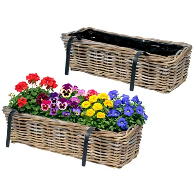 Produktbild von 2 x Blumenkasten "Marie" aus Weide für Geländer mit Folie und Halterung L 55 cm Geländerkasten Weide Blumenkästen aus Weide Balkonkasten Weide