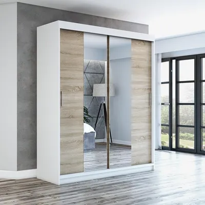 Produktbild von Schwebetürenschrank, 2-türig Schrank mit Spiegel! Moderne Garderobe für Kleidung. Verschiedene Farben (Weiß, Schwarz, Somona) Kleiderschrank NEO 180 cm