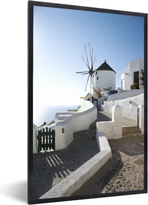 Produktbild von MuchoWow® MuchoWow® Gerahmtes Poster Windmühle auf Santorin in Griechenland 40x60 cm - Poster mit zchwarzem Bilderrahmen - Papierdruck - Wandbilder