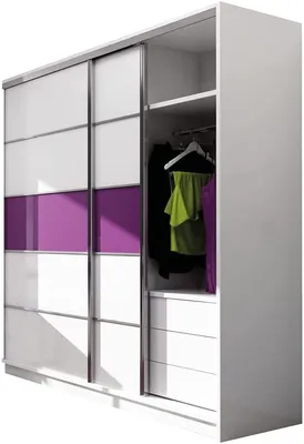 Produktbild von Schiebeschrank Dubaj 226 cm mit Violett Glass, Kleiderschrank Schlafzimmer, Wohnzimmer - 226 x 220 x 64 Farbe: Weiß, Schwebetürenschrank mit 2 Kleiderstange, Ablagen und 3 Schubladen; Mehrzweckschrank