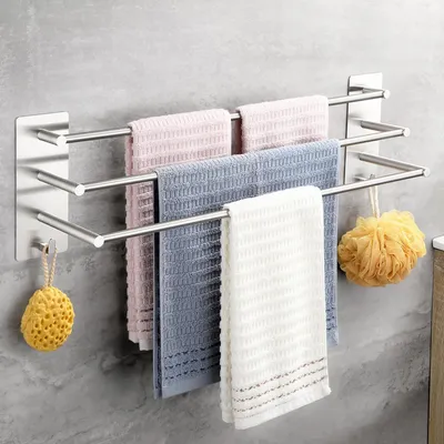 Image de Porte-serviettes sans perçage avec 2 crochets, barre porte-serviettes autocollante, fixation murale, porte-serviettes de bain en acier inoxydable 304, porte-serviettes à 3 barres, support porte-serviettes argenté, étagère murale de 61 cm pour salle de bain