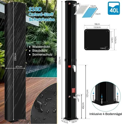 Produktbild von Solardusche 40L - Garten- und Pool-Duschsäule - Für außen - Solar erhitztes Wasser - Kalt- und Warmwasser - Aluminiumlegierung - Schwarz