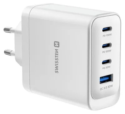 Immagine prodotto di Swissten, caricabatterie GaN multiporta 4-in-1 USB-A / 3 USB-C PD 100 W, modello Core, bianco