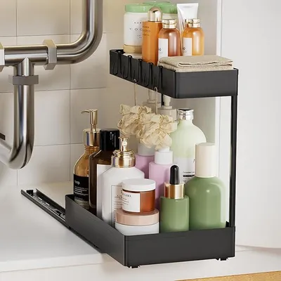 Produktbild von PolkaHome® Unter-Schrank-Organizer 2er Set, 2-stufig, Metall, Schwarz, mit Ausziehschiene, für Küche & Bad, Unterschrank-Regal mit