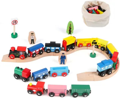 Produktbild von Holzeisenbahn Set 15 Waggons, 10 Schienenteile, Aufbewahrungstasche, für Kinder