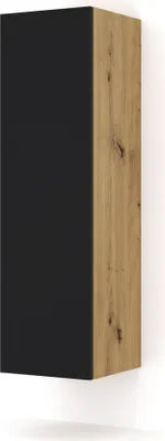 A product image of a wall cabinet with a black front and a wood-grain side.